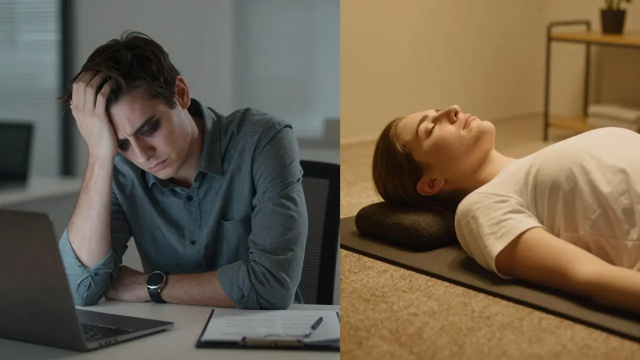 Stresli bir çalışanın şiatsu masajı sonrası huzur bulan hali karşılaştırılıyor.