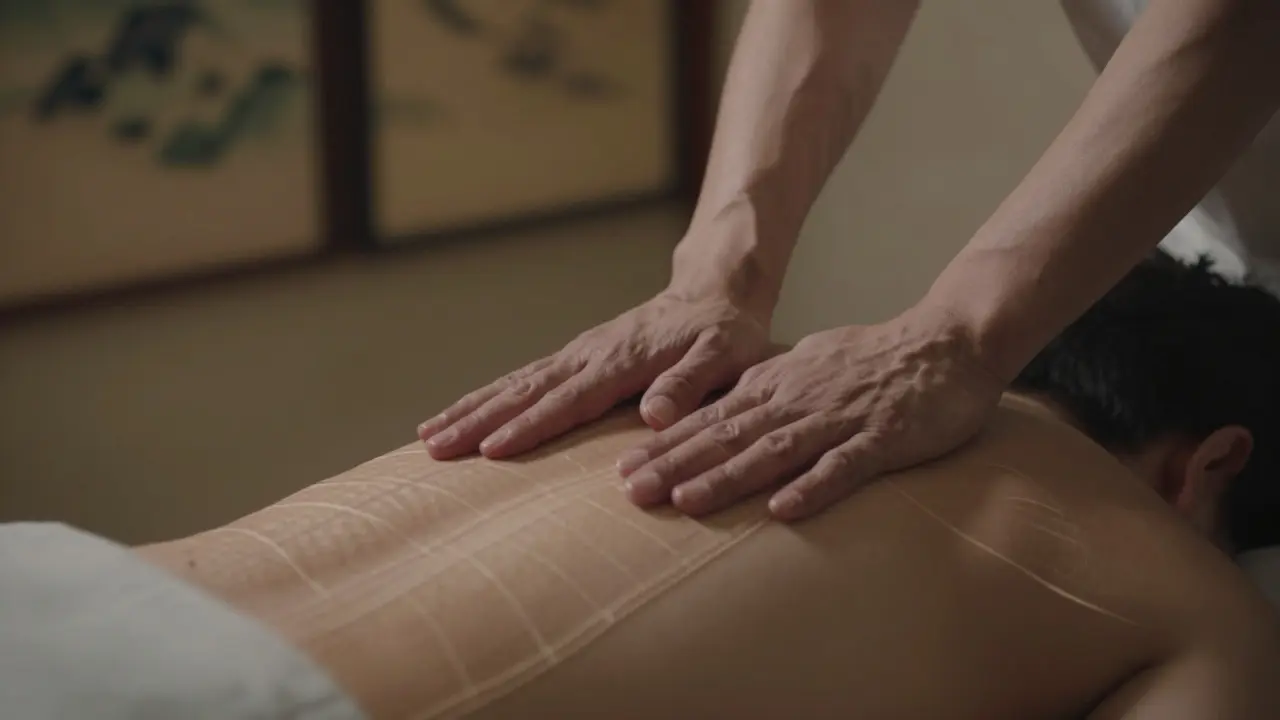 Terapistin elleri, kıyafetin üzerinden enerji meridyenleri boyunca baskı yapıyor.