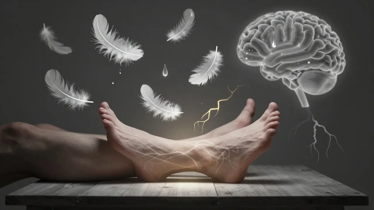 Ayaklar üzerinde duyguların uçtuğu sembolik bir sahne, sinirler ışıkla parlıyor.