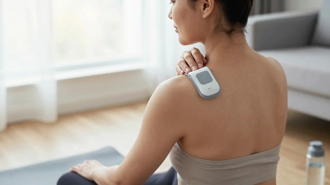 Bir kişi evde omuz ve boyun bölgesine hafif bir percussion cihazı kullanıyor, sakin bir ortamda.