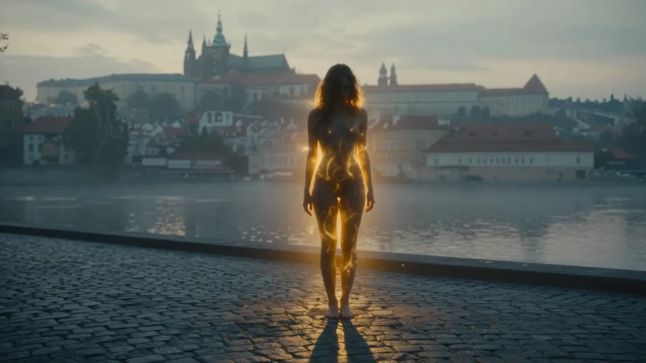 Bir kişi, Prag'da sabahın ilk ışıklarında, bedeninden yükselen altın ışıkla birlikte içsel bir dönüşüm yaşıyor, nehir ve tarihi yapılar arka planda.
