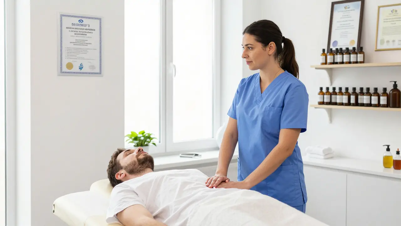 Bir masaj merkezinde sertifikalı bir terapist, müşteriye güven verici bir şekilde yaklaşırken, arka planda resmi onay belgeleri görünüyor.