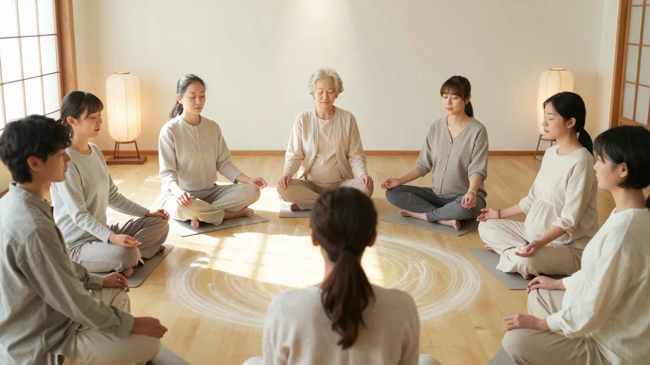 Çeşitli yaşlardan ve arka planlardan insanlar, huzurlu bir ortamda Reiki uygulaması sırasında sessizce oturuyor, etraflarında enerji dalgaları görünüyor.