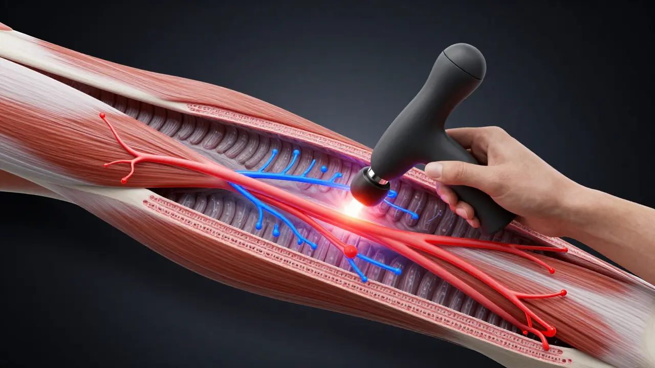 Kas lifleri ve fasya dokusuna kinetik darbelerin etkisi gösteriliyor, kan akışı ve sinir sinyalleri renkli hatlarla anlatılıyor.