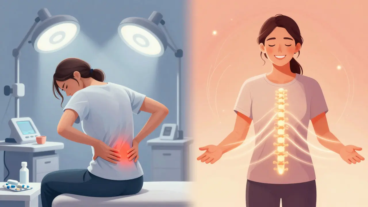 Kronik ağrıdan muzdarip bir kişi: sol tarafta ilaçlarla mücadele ederken, sağ tarafta Reiki sırasında huzurlu ve rahat bir şekilde oturuyor.