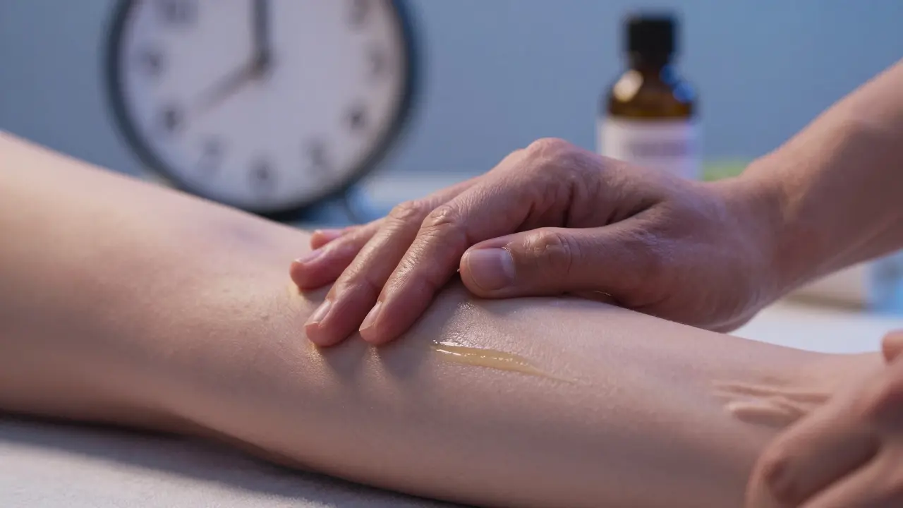 Masajcı eli, kolda sıkıştırma ve titreşim teknikleri uyguluyor.