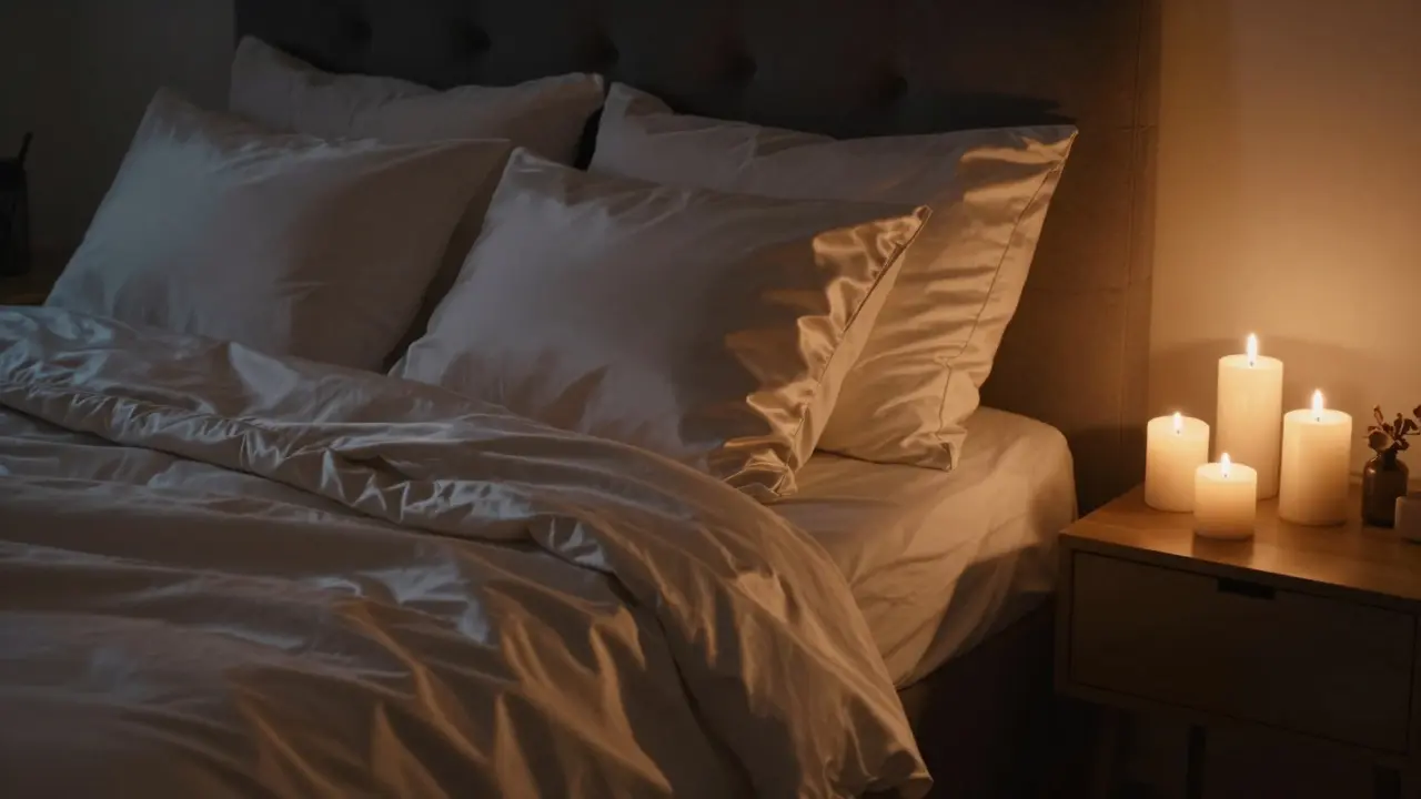 Mum ışığında romantik bir yatak odası atmosferi.