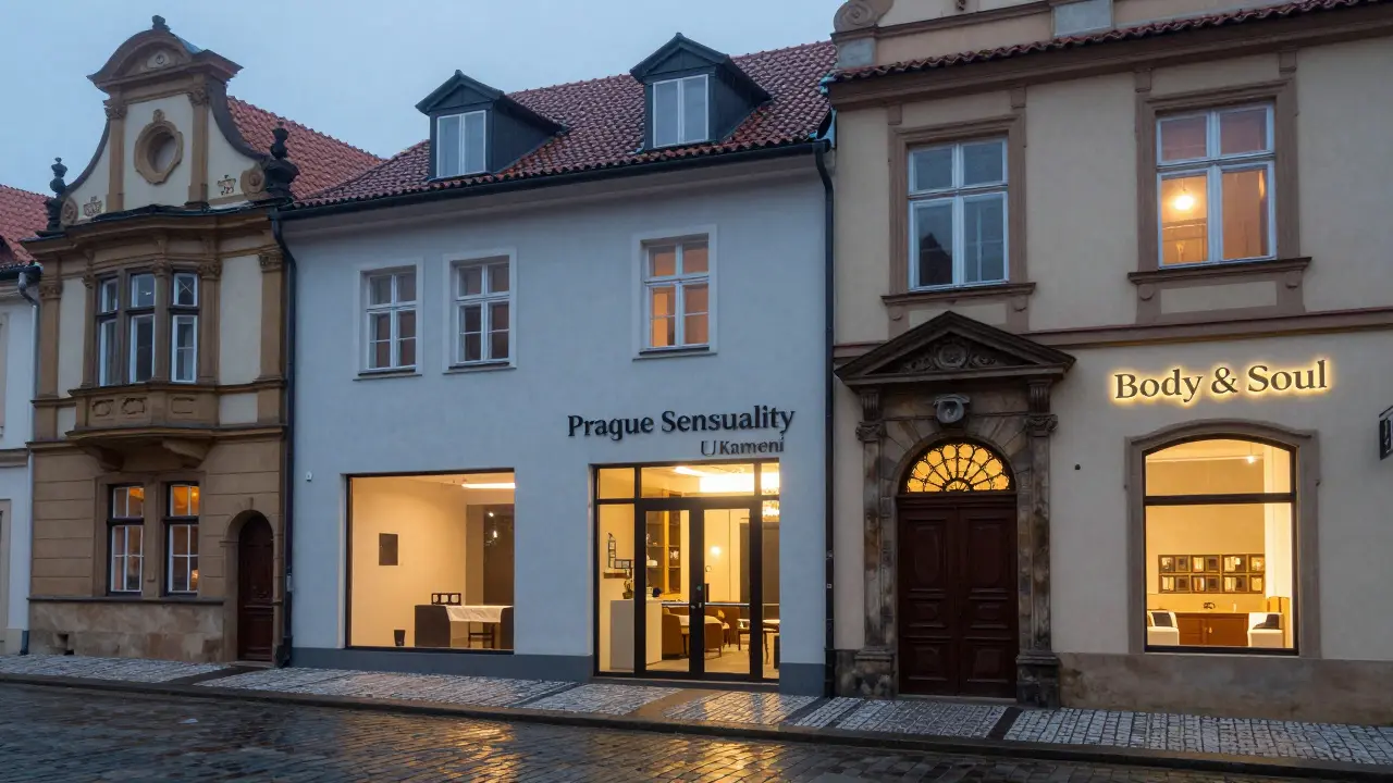 Prag'daki beş ünlü ayak masajı merkezinin dış görünümleri, akşam ışığında.