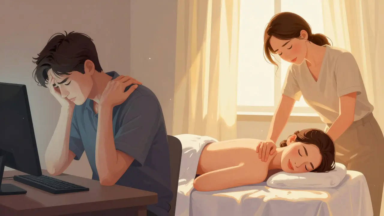 Stresli bir ofis çalışanı ve masaj sonrası rahatlamış hali karşılaştırması.