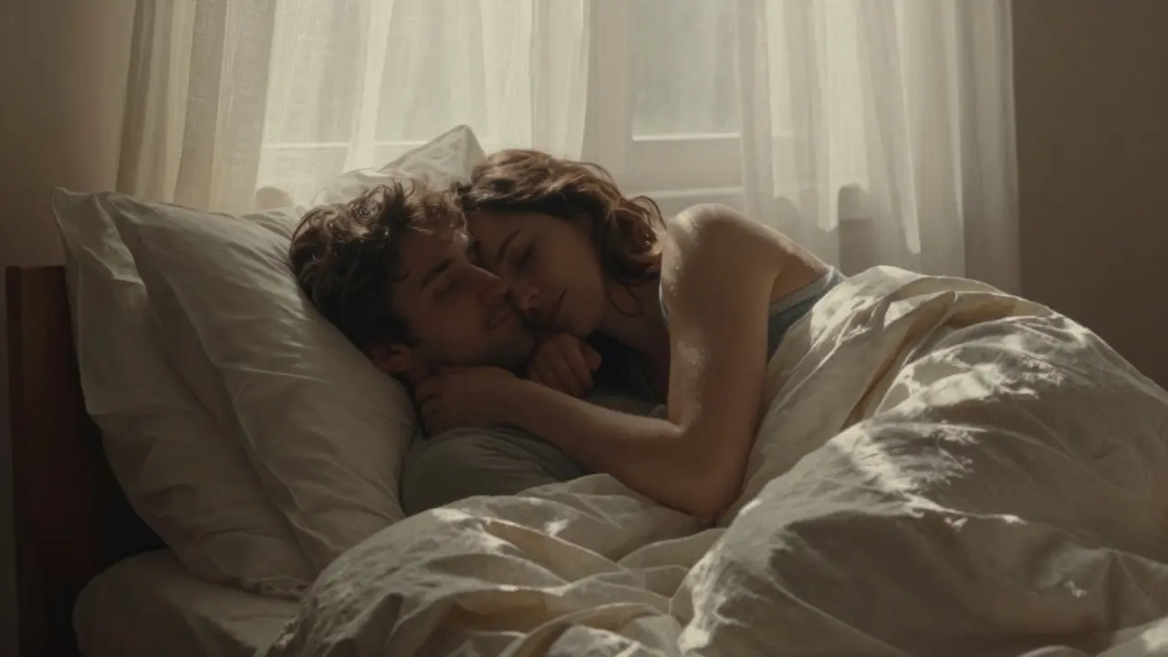 Yatağa sarılı, huzurlu bir çiftin uyumlu anı.