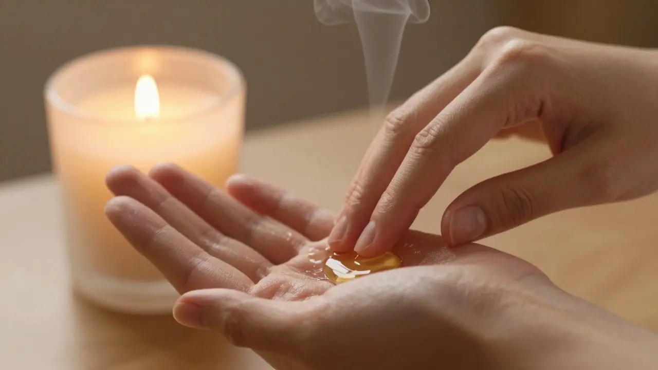 Avuç içinde ısıtılan masaj yağı ve yanında yanan aromatik bir soya mumu