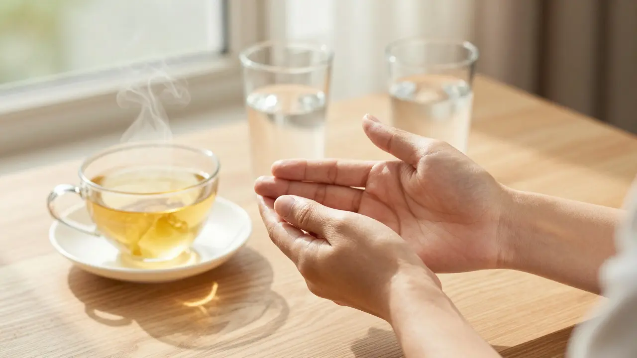 Avuç içine baskı uygulayarak kendi kendine masaj yapan ve yanında bitki çayı olan kişi.