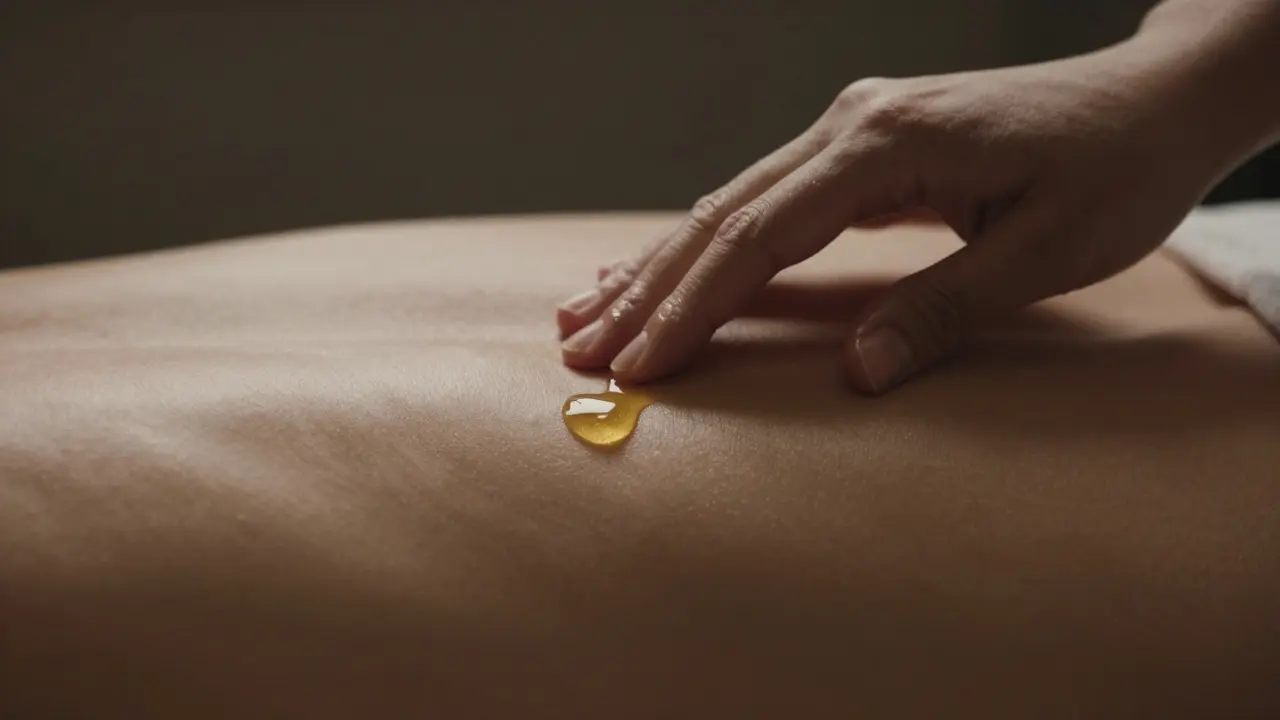 Cilde altın rengi masaj yağı uygulayan ellerin yakın çekim, sanatsal görüntüsü.