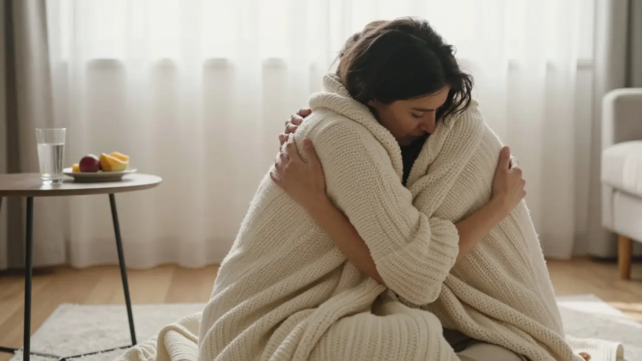 Deneyim sonrası şefkatle birbirine sarılan ve battaniyeye sarınmış bir çift.