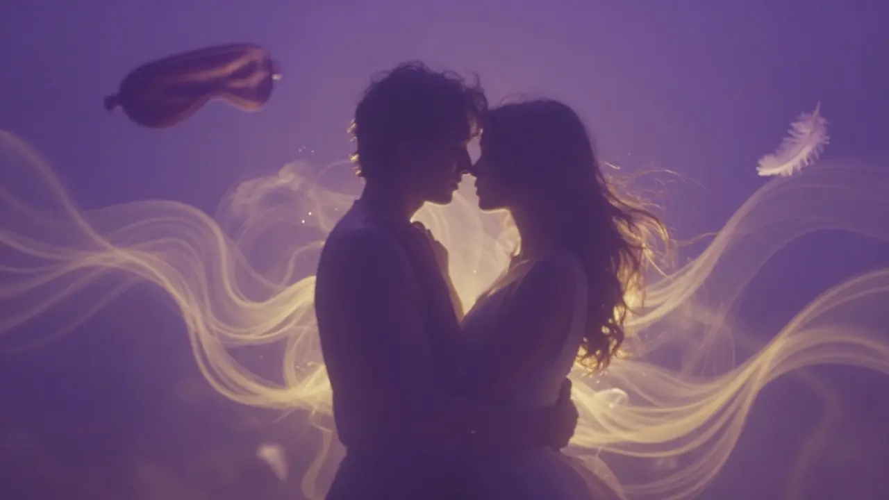 Duygusal bağı ve yakınlığı simgeleyen, soyut ışıklar içinde sarılan çift silüeti.