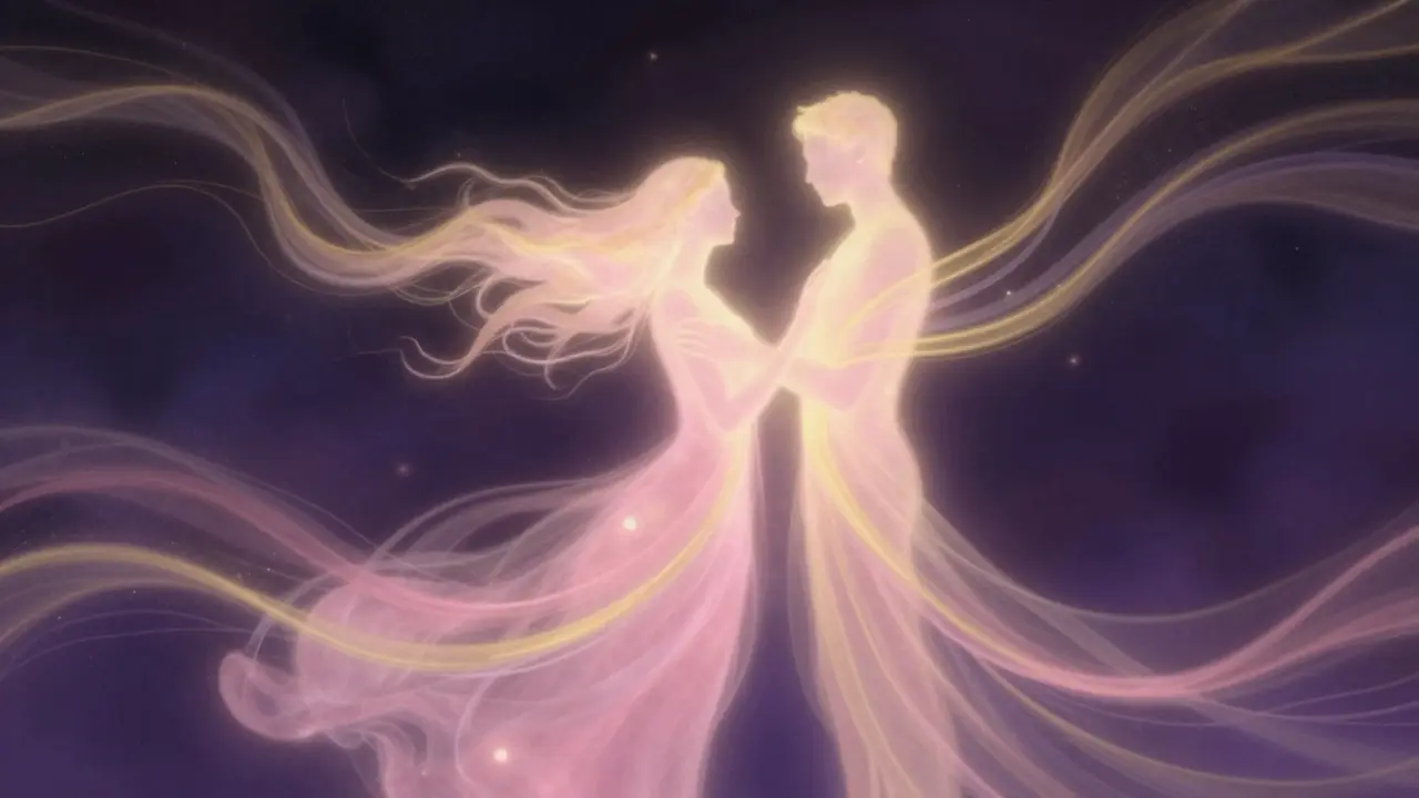 İki kişi arasındaki duygusal bağı ve sevgi hormonlarını simgeleyen soyut, ışıklı silüetler.