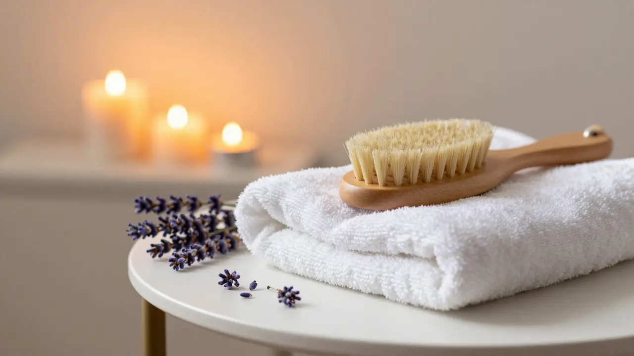 Kuru fırça, lavanta ve mumlarla oluşturulmuş sakinleştirici wellness köşesi