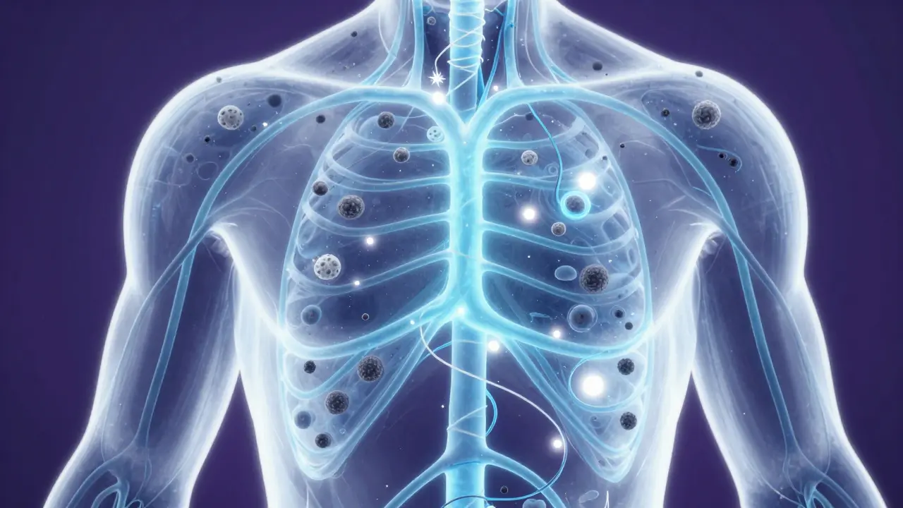 Lenfatik sistemin temizlenmesini ve bağışıklık hücrelerinin aktivasyonunu gösteren illüstrasyon.