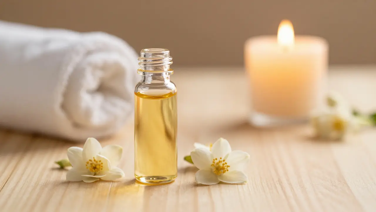 Masaj yağı, yasemin çiçekleri ve mum ile hazırlanan huzurlu bir ortam