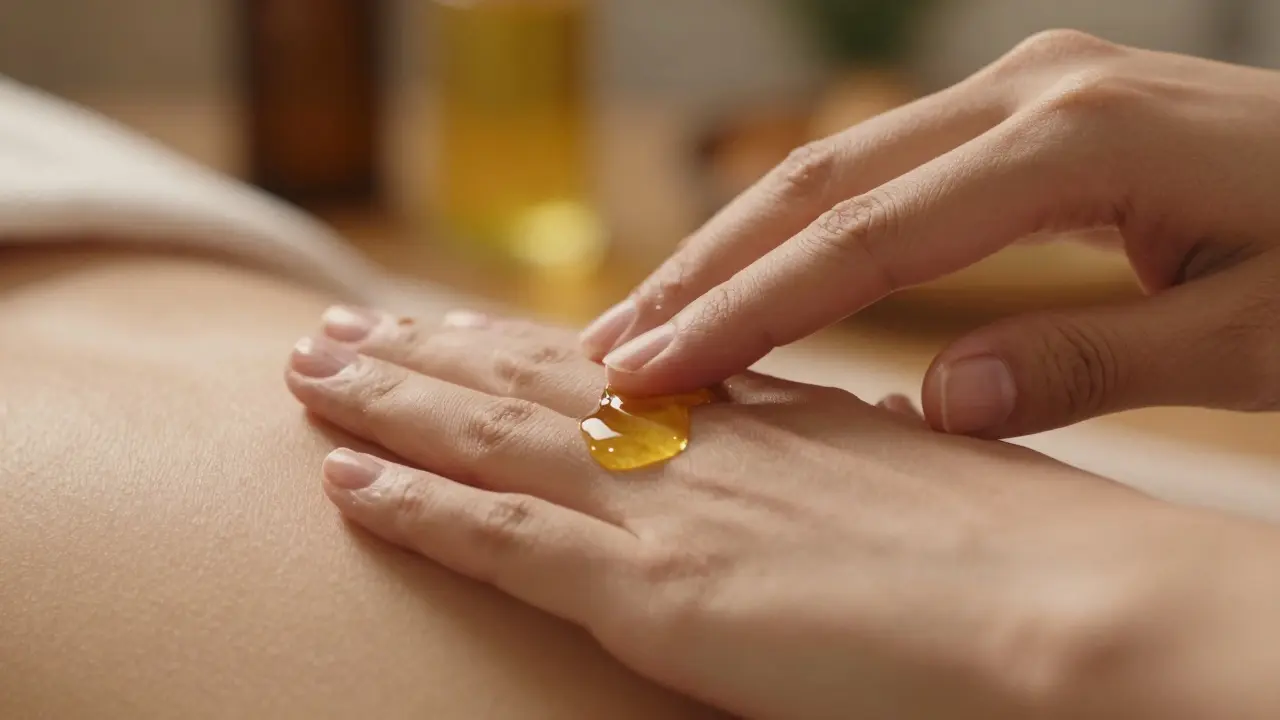 Masaj yağını avuç içlerinde ısıtan, şefkati ve hazırlığı temsil eden yakın çekim eller.