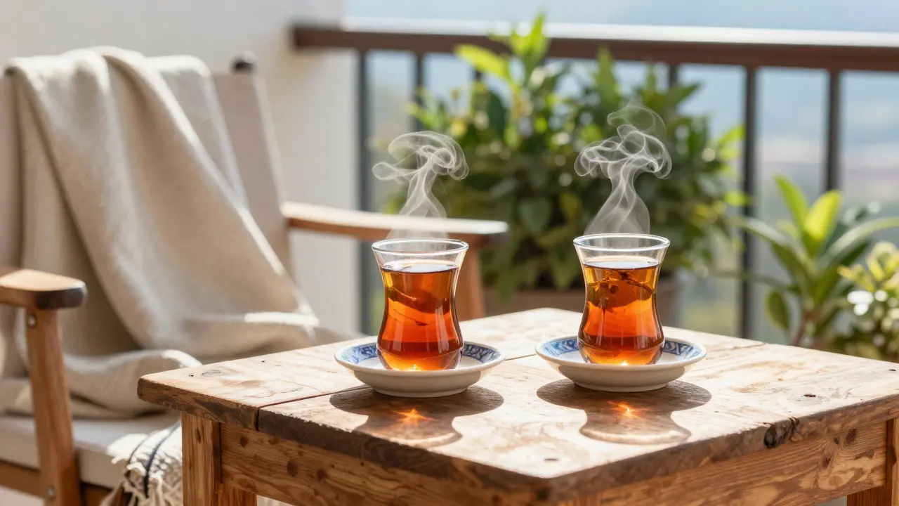 Sabah güneşinde demlenmiş bitki çayları ve sakin ortam