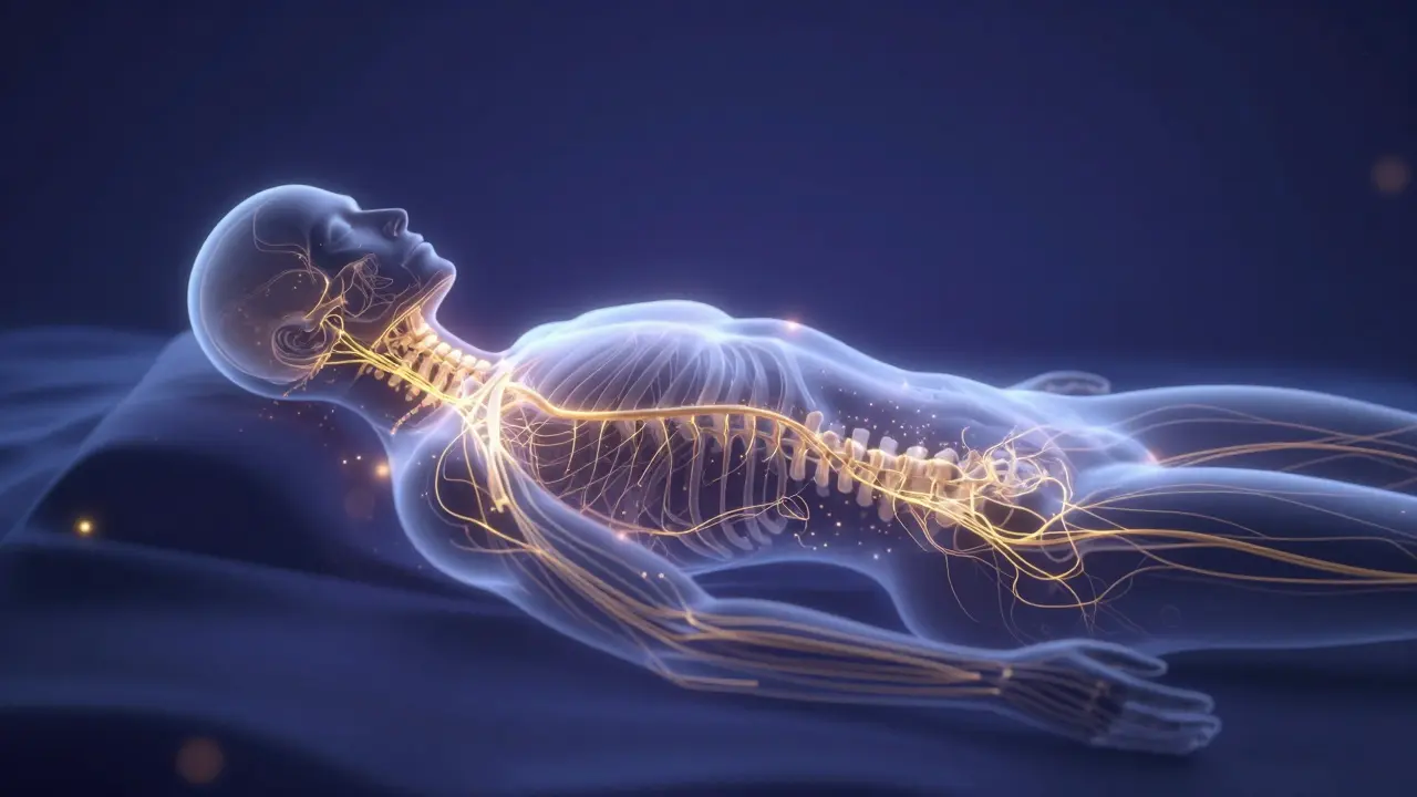 Sırt üstü yatan bir figürde parlayan sinir sistemi ve altın ışıklar
