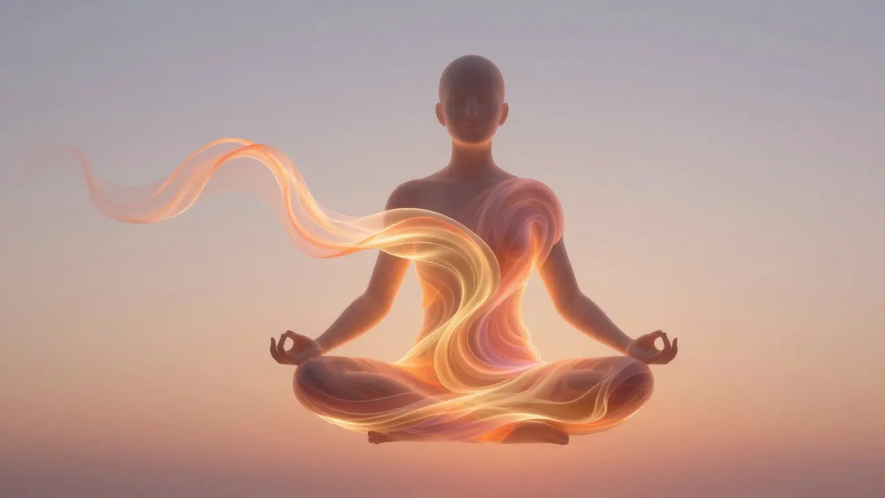 Vücut etrafında dönen renkli ışıklarla ruhsal ve bedensel yenilenme temsili