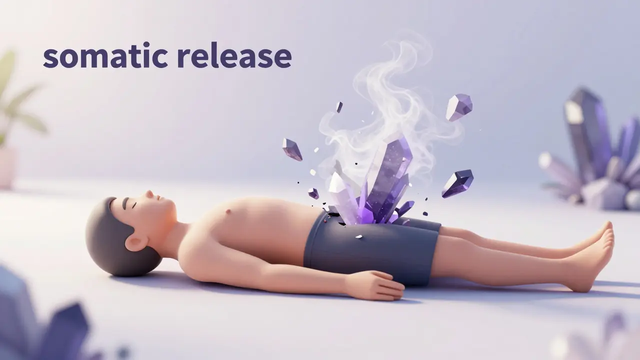 Vücuttan uzaklaşan karanlık kristallerle travma boşalımı temsili