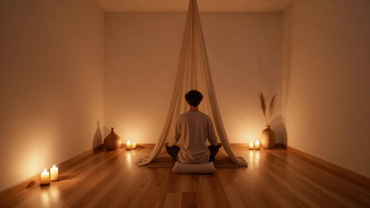 Sessiz ve huzurlu bir Tantra meditasyon odası iç görünümü