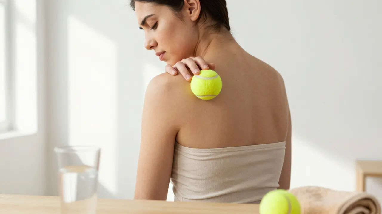 Duvara yaslanarak tenis topu ile kendi kendine masaj yapan kişi
