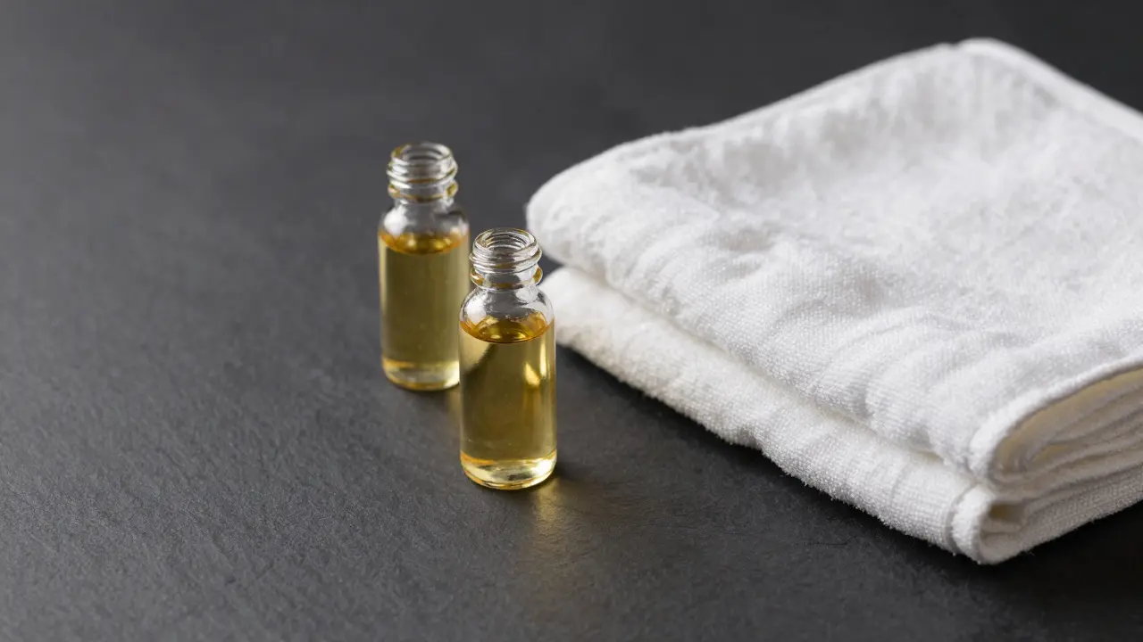 Masaj öncesi hazırlık için doğal yağlar ve havlu ile minimal kompozisyon