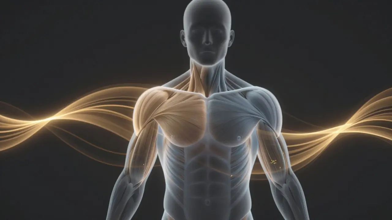 Erkek kas yapısını ve stres noktalarını gösteren soyut anatomik illüstrasyon