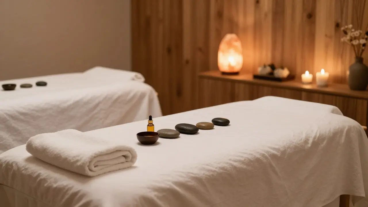 Lüks ve hijyenik bir spa odasında masaj masası ve aromatik yağlar