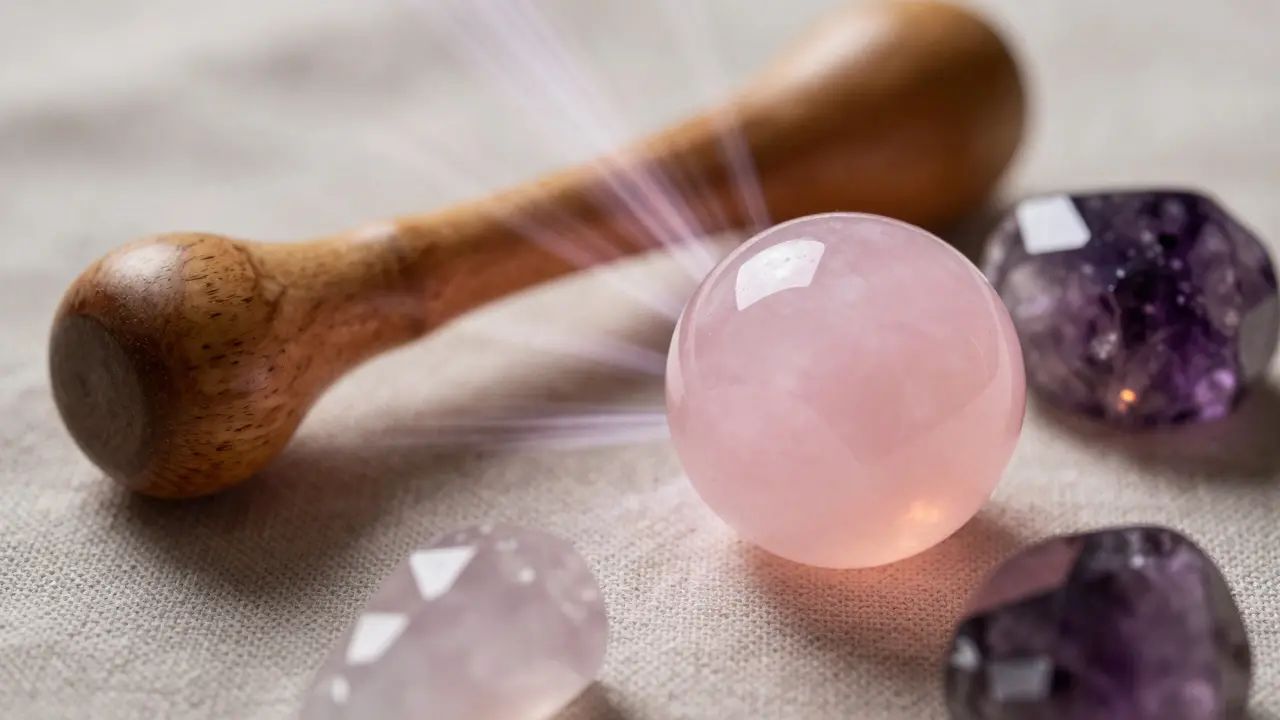 Rose kuvars küresi ve sandal ağacı çubuğu gibi kristal masaj araçları
