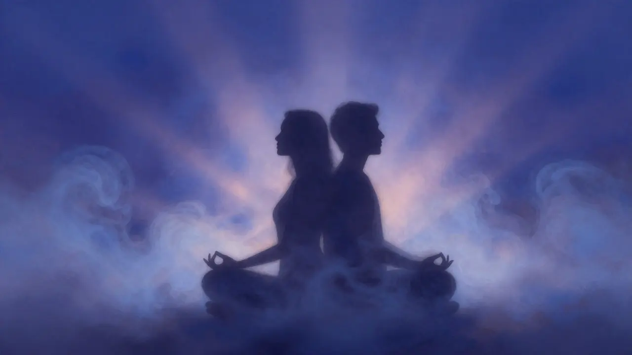 Sakinleştirici sis içinde meditasyon yapan iki silüet ve nefes uyumu