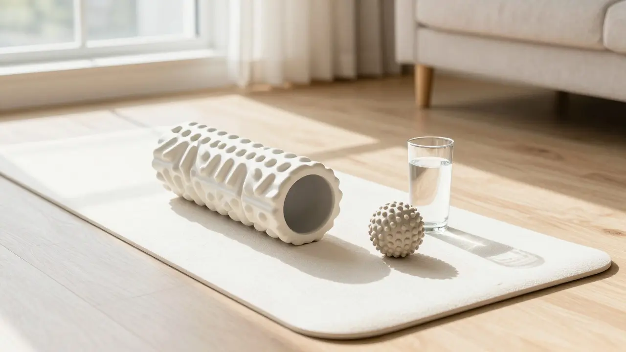 Yoga matı üzerinde köpük rulo ve masaj topu ile evde fasya bakımı araçları
