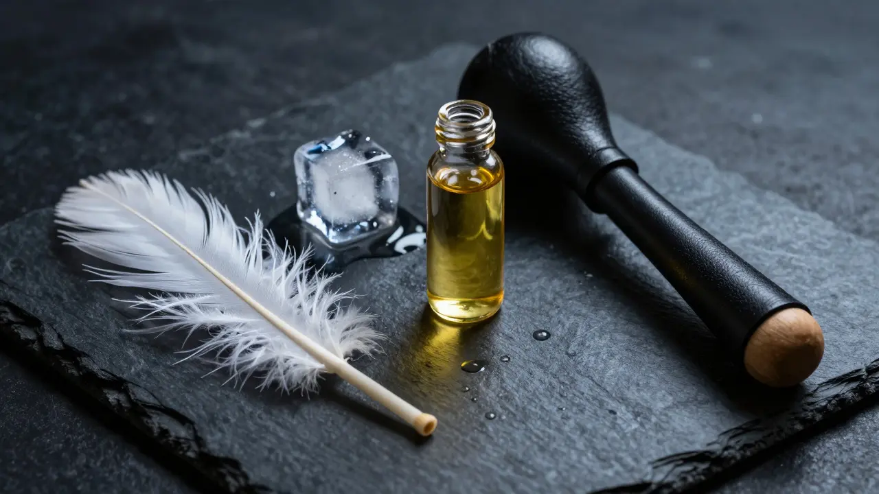 Feathers, buz ve yağ içeren estetik bir nesne düzenlemesi
