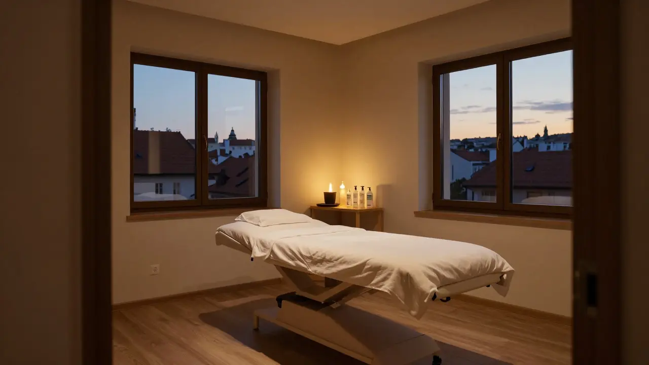 Prag'da loş ışıklı, lüks bir wellness stüdyosunun iç mekân görünümü