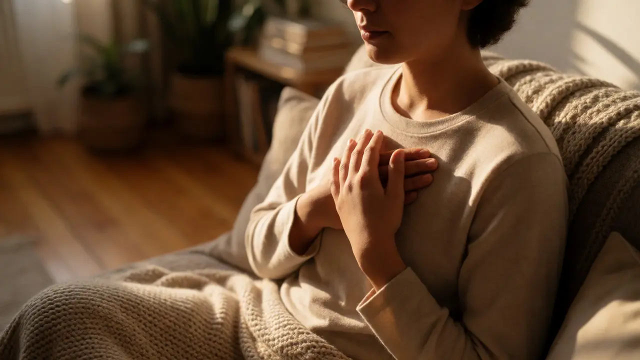 Kalp bölgesine el koyarak meditasyon yapan kişi
